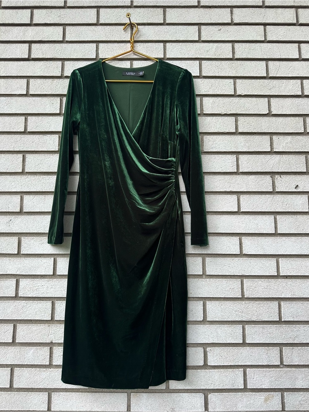 Lauren Ralph Lauren Green Stretch Velvet Surplice Ruched Long Sleeve Dress 10 - Picture 2 of 9